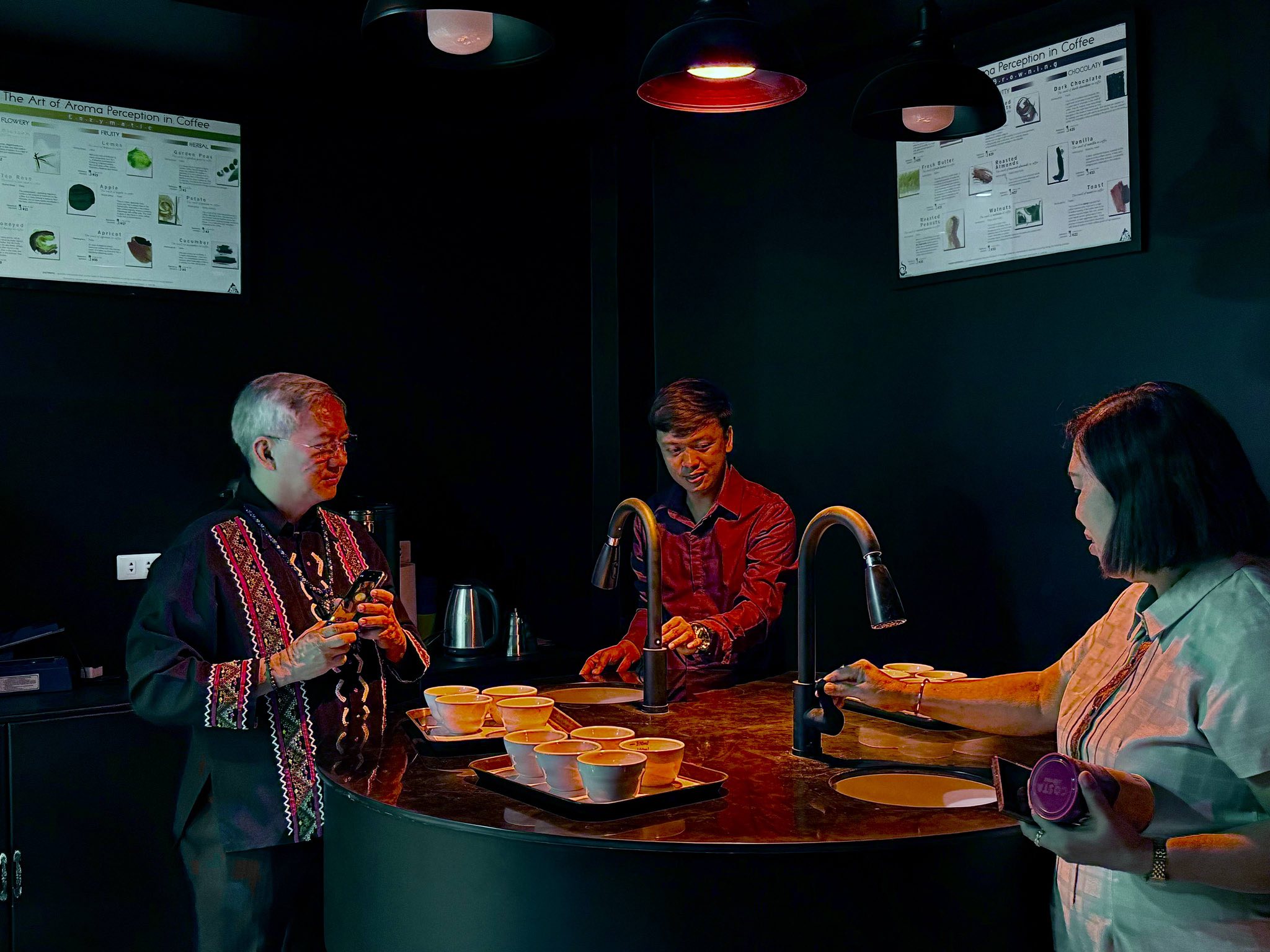 Coffee cupping bowls and sensory evaluation table